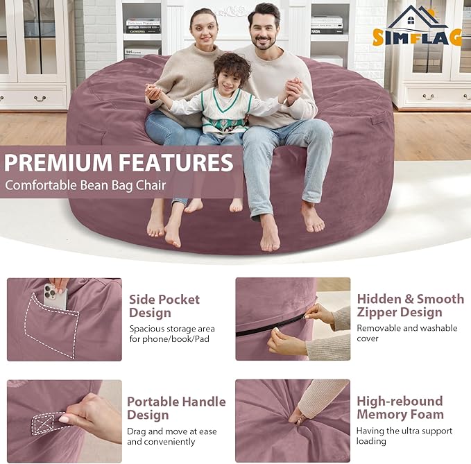 6FT Bean Bag Chair, Large Bean Bag Chairs with Memory Foam Filled, Fluffy Beanbag Sofa with Dutch Velvet Cover, Round BeanBag Chairs for Living Room, Playroom - Dusty Pink-CubbioJoy