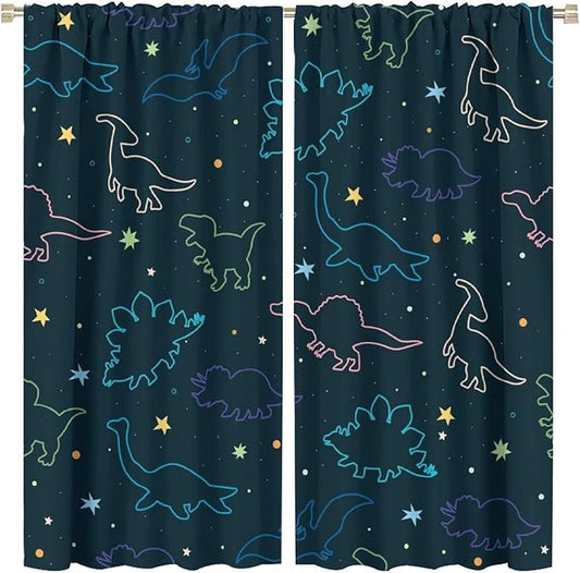 Cartoon Colorful Dinosaur Curtains for Kids Boys Girls Home Decor, Astronaut Funny Outer Space Star Blackout Rod Pocket Window Drapes for Bedroom Living Room W21xL45in 2 Panels-CubbioJoy