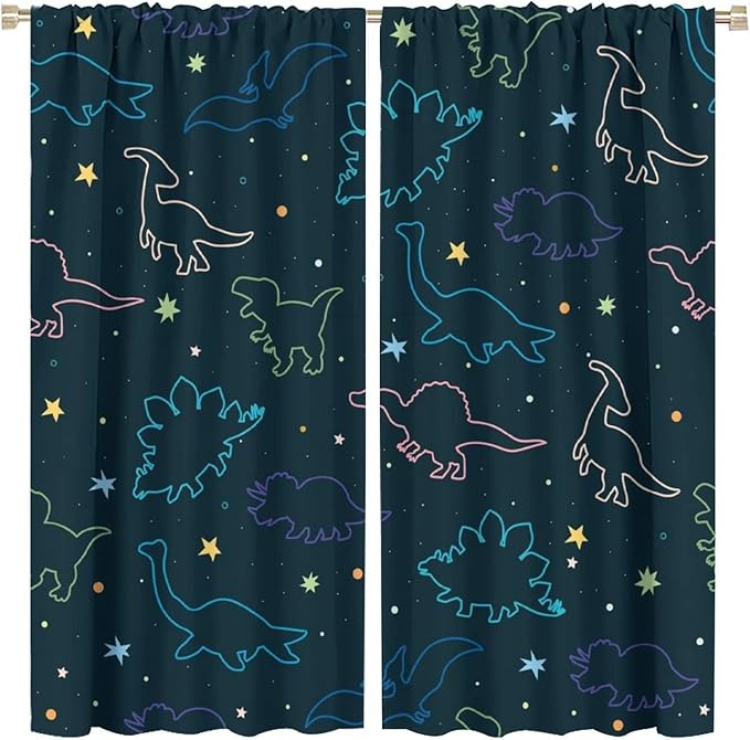 Cartoon Colorful Dinosaur Curtains for Kids Boys Girls Home Decor, Astronaut Funny Outer Space Star Blackout Rod Pocket Window Drapes for Bedroom Living Room W21xL54in 2 Panels-CubbioJoy