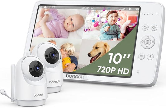 bonoch MegaView Baby Monitor, 10" Video Monitor with 2 Cameras, 10000mAh Battery, Quad Split Screen Baby Monitor with Camera and Audio, VOX Mode, Auto Night Vision, Remote PTZ, Hack Proof-CubbioJoy