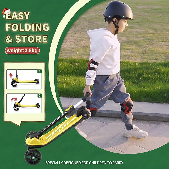 Besrey Kick Scooter for Kids Ages 3-10, 3-Wheel Folding Scooter with Adjustable Height, LED Light Wheels, Extra Wide Deck for Outdoor Activities-CubbioJoy