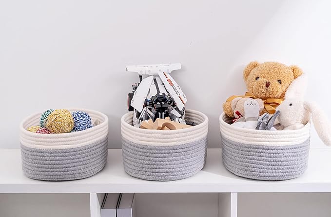 Baskets for Shelf Storage Cute Basket to Store and Organize Household Items/Woven Rope Basket for Living Room, Bedroom,Playroom/Durable Small Oval-13x8.66x5.11’’,3 Packs Off White&Gray-CubbioJoy