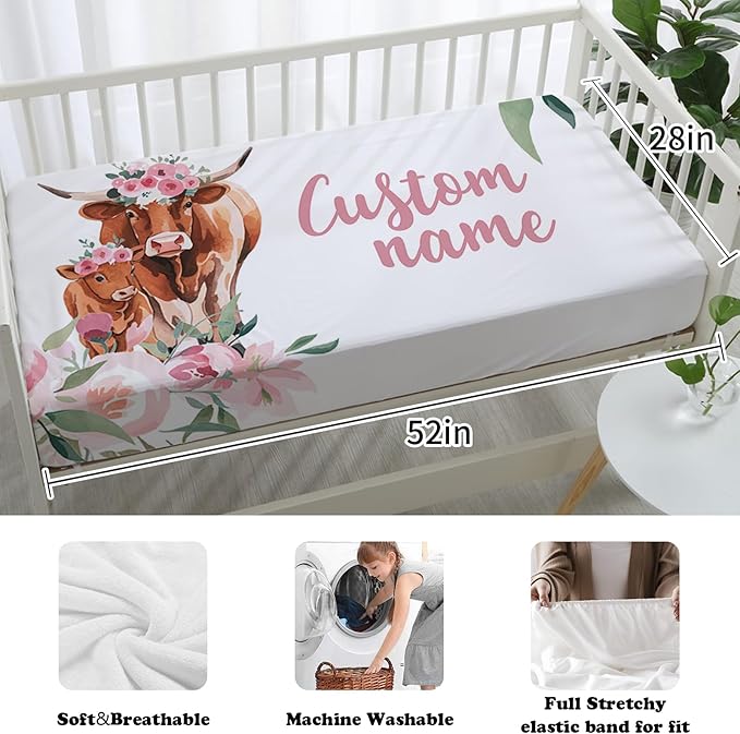 Custom Nursery Crib Bedding Set: Personalized Name 4 Piece Highland Cow Theme Baby Crib Sets for Girls - Toddler Double Layer Blanket Set, Comfortable Crib Bed Sheets for Baby Toddlers-CubbioJoy