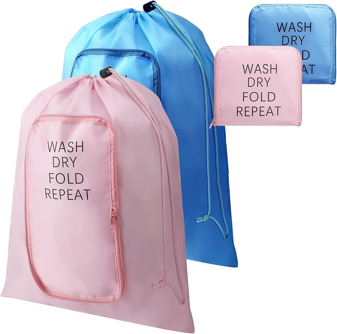 2 Pcs Travel Laundry Bag Washable Dirty Clothes Bag with Drawstring and Zipper for Suitcase, 22 x 18 Inch (Pink, Blue,Classic)-CubbioJoy