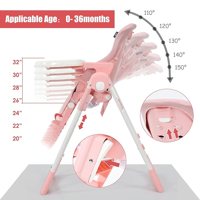 INFANS 4 in 1 High Chair–Booster Seat, Convertible Highchair w/Adjustable Height and Recline,Removable Tray,DetachableCushion, Installation-Free,Simple Fold for Baby, Infant& Toddler (Pink)-CubbioJoy