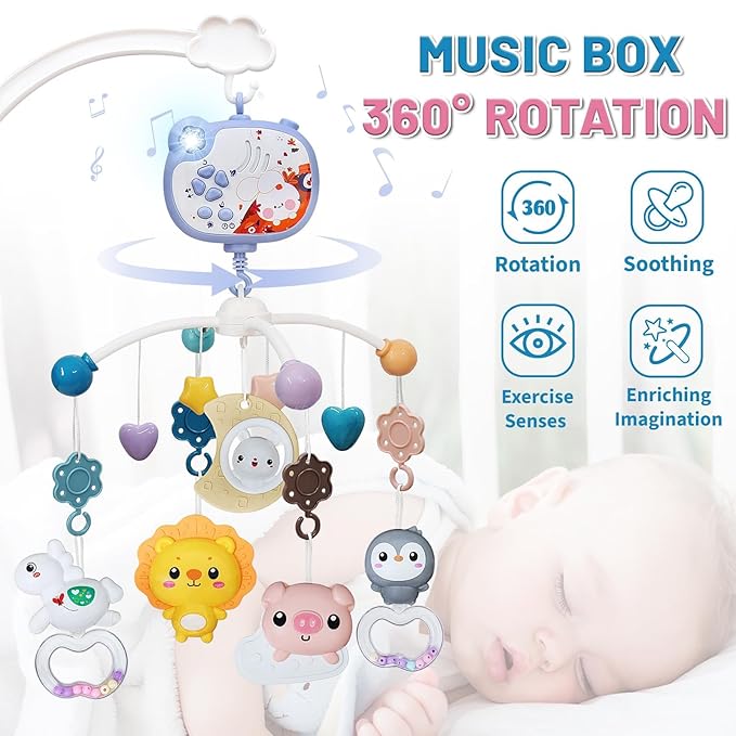 Baby Mobiles for Cribs, Crib Mobile with Music and Lights, Nursery Musical Mobile for Bassinets Hanging Toys with Remote Control, Rotation, Projection, Animal Mobile Arm Clip On for Infant Boys Girls-CubbioJoy