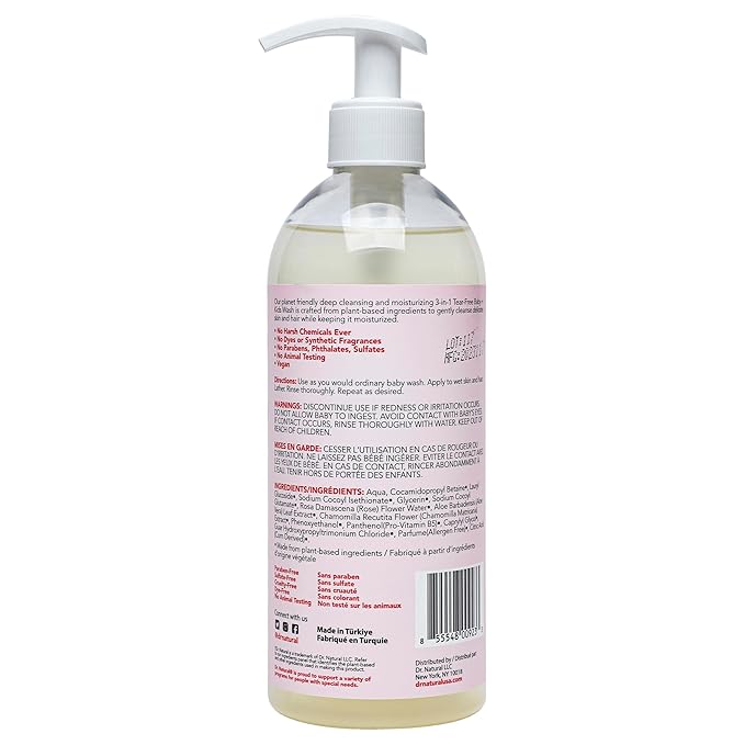 Dr. Natural 3-in-1 Tear-Free Baby Plus Kids Soap - Head-to-Toe Soap and Shampoo - Sensitive Skin Moisturizing Body Wash - Rosewater - 16 oz-CubbioJoy