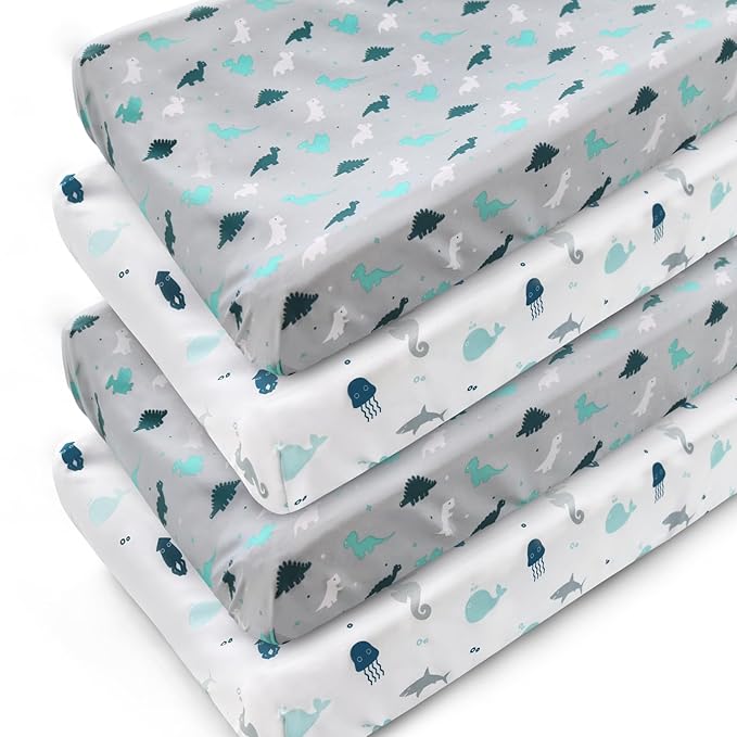 Changing Pad Cover for Boys Girls 4 Pack, Comfy & Breathable Changing Table Cover for 32''x16" Changing Table Pads, Diaper Changing Pad Cover, Dinosaurs & Ocean-CubbioJoy