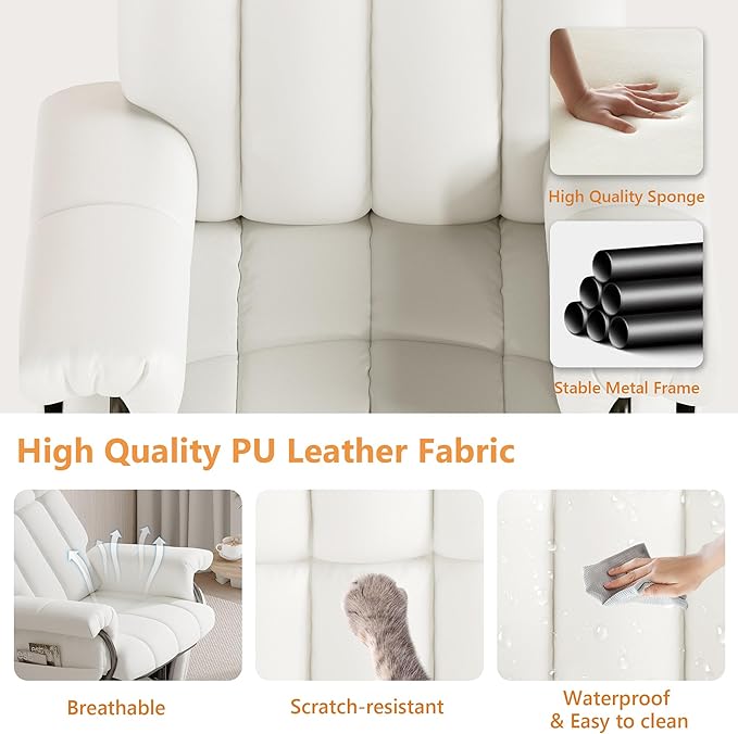 JIASTING 360° Swivel Leather Recliner Chair with Ottoman & Double Side Pockets, Nursing Glider Rocking Recliner Chair, Gliding Chairs for Nursery, Living Room, Office, Bedroom, Metal Frame (White)-CubbioJoy