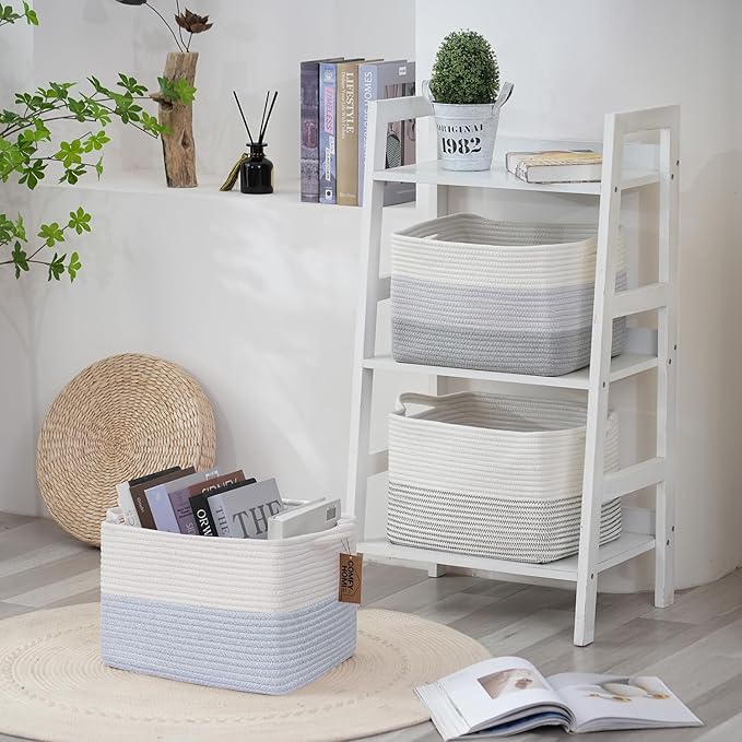 COMFY-HOMI 3PACK Cotton Rope Square Baske with Handles for Shelves|Dog Toy Baske Bin and Storage|Baby Baske for Gift|Shoe Baske for Organizing|13.5" x 11" x 9.5" for Living Room（White/Blue）-CubbioJoy