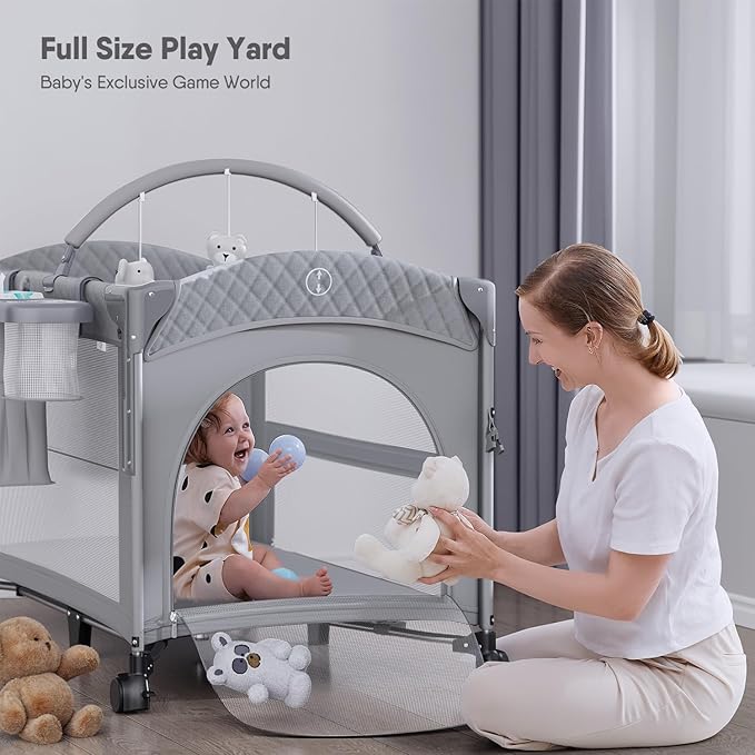 4 in 1 Baby Bassinet, Pack and Play, Bedside Crib Sleeper, Diaper Changer - Comes with Mattress, Mosquito Net，Bottom Storage and Toy Bar for Newborn to Toddles-CubbioJoy