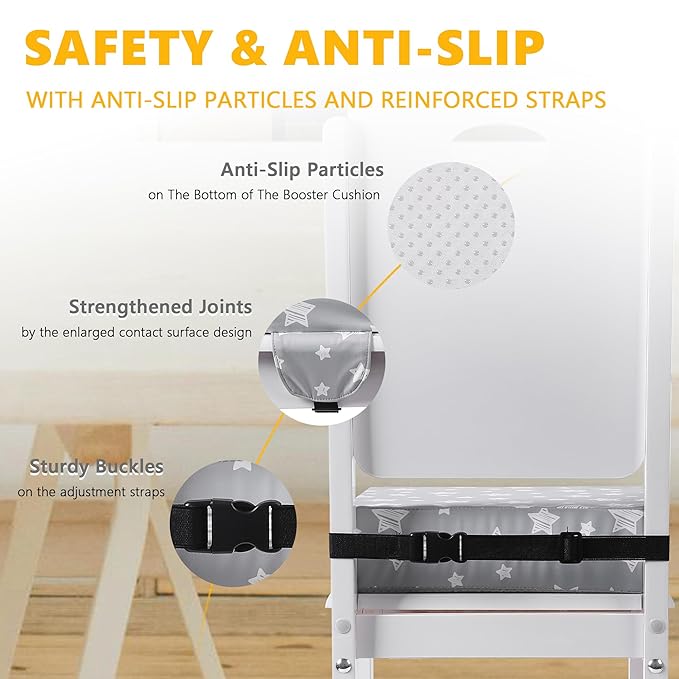 Booster Seat for Kitchen Chair with Adjustable Straps, Toddler Booster Seats for Dining Table Portable for Travel Camping Eating, Booster Cushion for Table for Baby Child Infant Kid Boy Girl-CubbioJoy