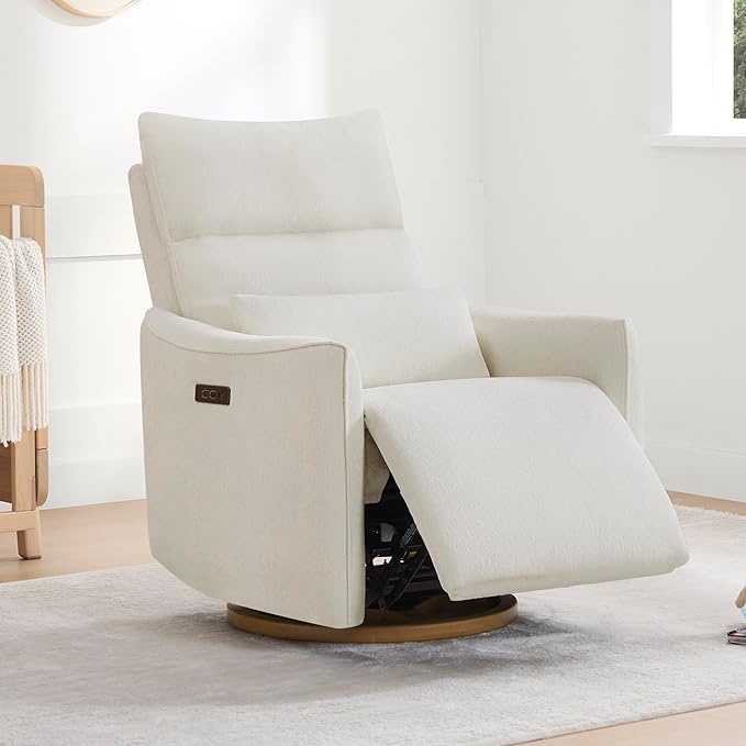 CHITA Swivel Rocker Recliner Chair, Power Nursery Glider Recliner, Nursery Rocking Chair with Adjustable Power Headrest, FSC Certified, Solid Wood Base, Cream-CubbioJoy