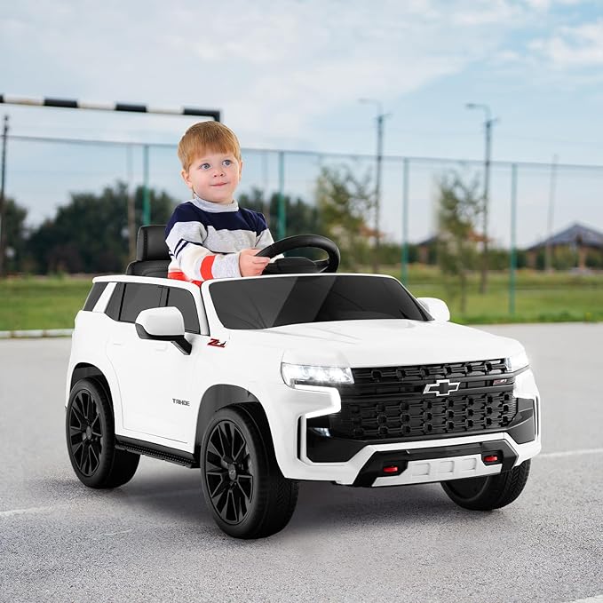 Costzon Ride on Car, 12V Licensed Chevrolet Tahoe Battery Powered Electric Vehicle w/ 2.4G Remote Control, High/Low Speed, Music, Lights, MP3/USB/FM, Spring Suspension, Electric SUV for Kids (White)-CubbioJoy