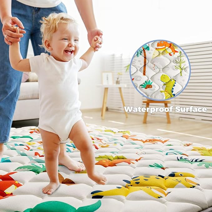 Baby Play Mat 71" X 59" Playpen Mat Upgraded Thicken Baby Floor Play Mat Non-Slip Cushioned Crawling Mat Waterproof Activity Playmats for Babies Toddlers Infants (71X59, Letter Dino)-CubbioJoy