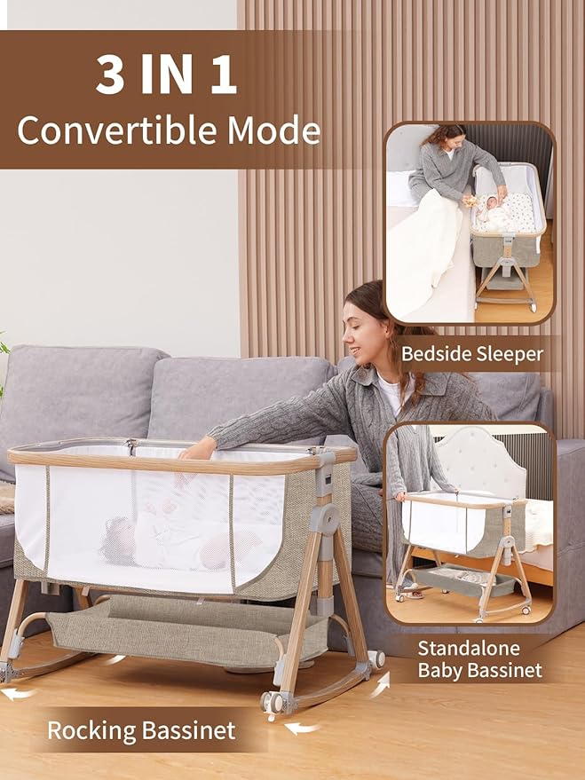 Baby Bassinet, Bassinet Bedside Sleeper with Waterproof Bassinet Sheets and Soft Mattress, Safe Adjustable Height Bedside Bassinets with Wheels, Girl/Boy Bassinets, Khaki-CubbioJoy