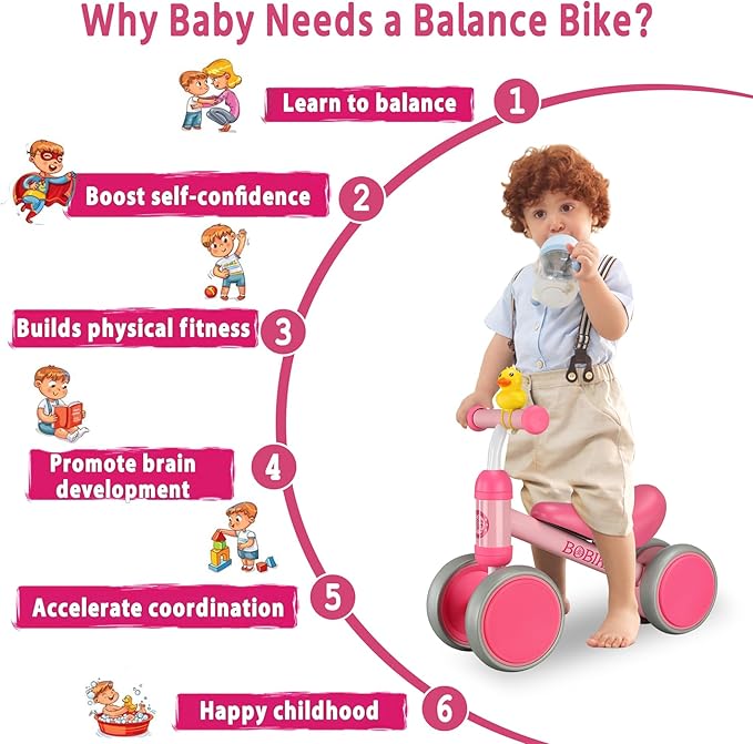 Baby Balance Bike Toys for 12-36 Months Kids Toy Boy and Girls Gifts Toddler Best First Birthday Gift Children Walker No Pedal Infant 4 Wheels Bicycle (Classic, Rose Red)-CubbioJoy