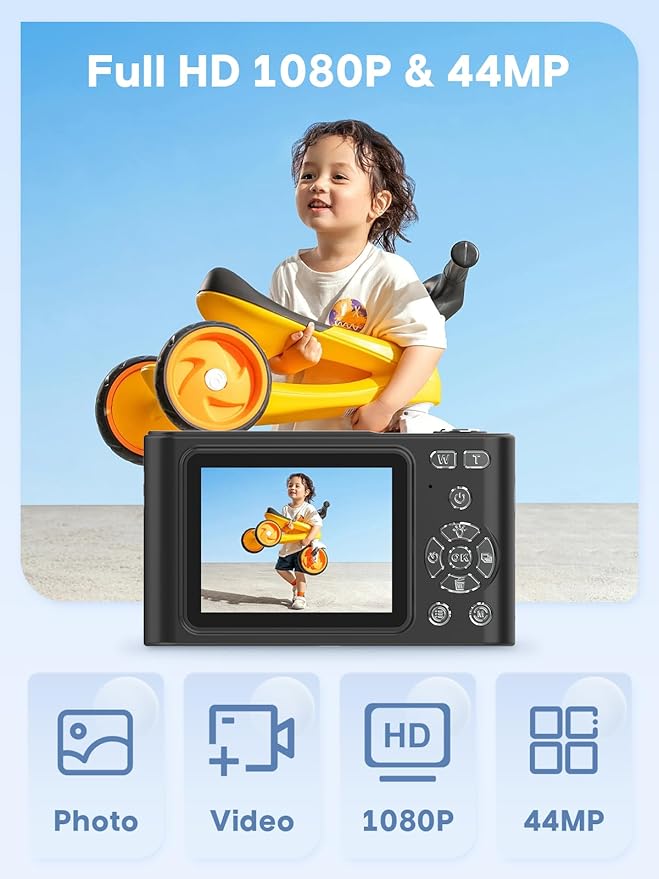 Digital Camera, 44MP Full HD 1080P Point and Shoot Camera with 64GB Card, Anti Shake 16X Zoom Compact Volg Cameras, Portable Small Camara Gift for Kids, Ages Teen Girl Boy - Black-CubbioJoy