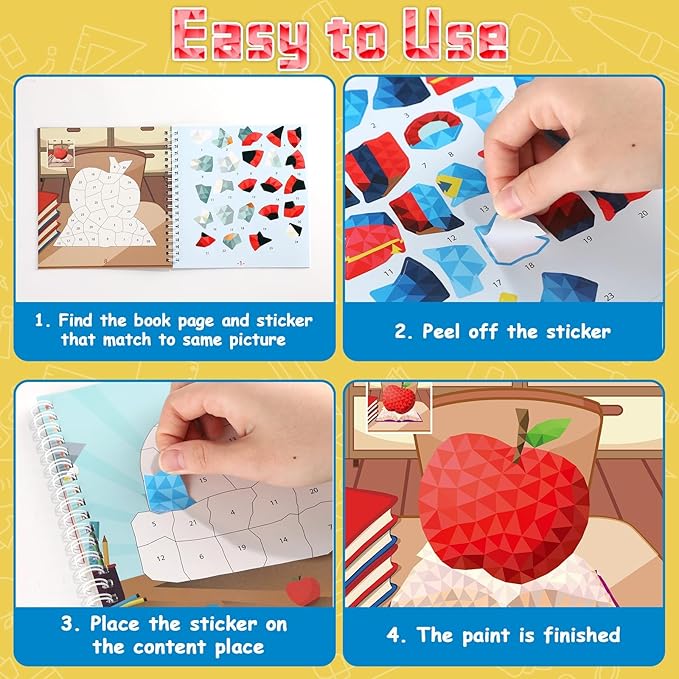 4Pcs Back to School Paint by Sticker Books Sticker by Number Books Activity Book Puzzle Book Craft Art Gift School Bus Apple Owl Alarm 32 Pictures-CubbioJoy