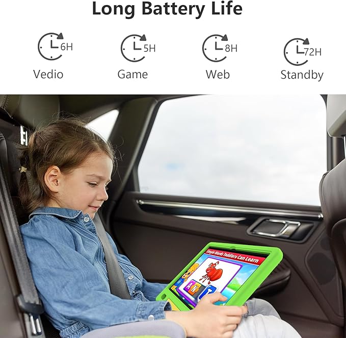JREN Kids Table 10.1" ｜Android 14 Tablet for Kids｜64GB Storage｜Octa-Core｜WiFi ｜Cameras｜Parental Control｜Kids Content｜Case Included Great Gift for Children Ages 3-12 Years Old Green-CubbioJoy