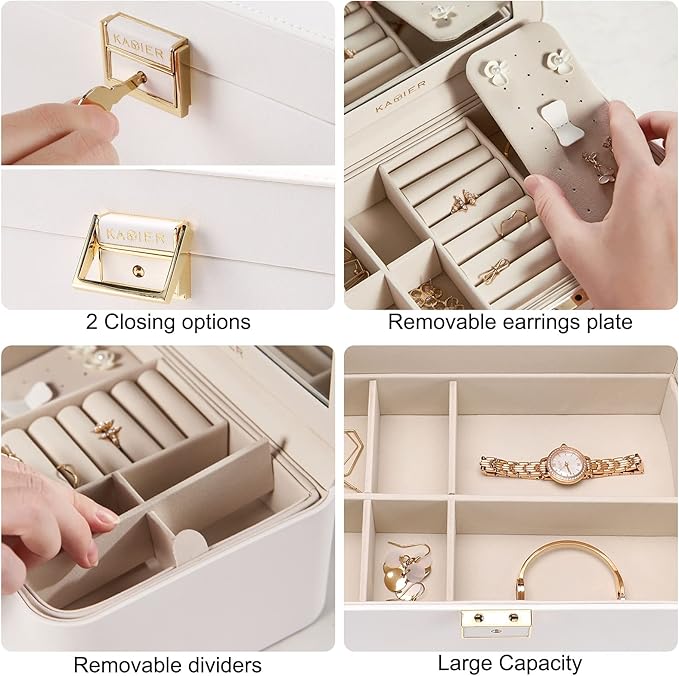 KAMIER Travel Jewelry Box, 2 Layers PU Leather Portable Jewelry Organizer, Large Capacity, Double Lock and Large Mirror, Hidden Necklace Hooks, Removable Dividers, Gift Box Packaging, White-CubbioJoy