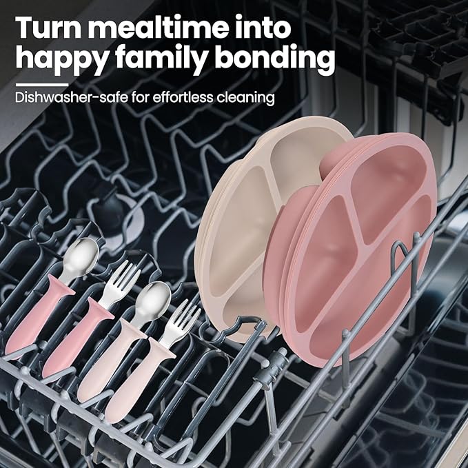 2 Pack Silicone Divided Baby Plates with Suction, 2 Pack Toddler Forks and Spoons Set, BPA Free, Baby Feeding Set for Toddler Utensils, Microwave and Dishwasher Safe-CubbioJoy