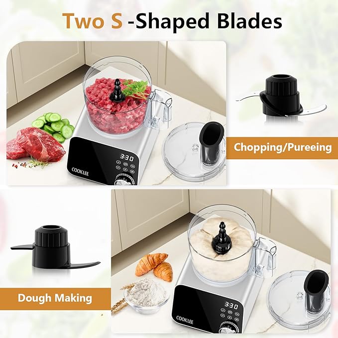 COOKLEE Food Processor, 600 Watts, 6 Functions Electric Food Chopper for Chopping, Mincing, Dicing, Shredding, Slicing, Purees & Dough with 12cup Processor Bowl, Food Chute & Pusher, Silver-CubbioJoy