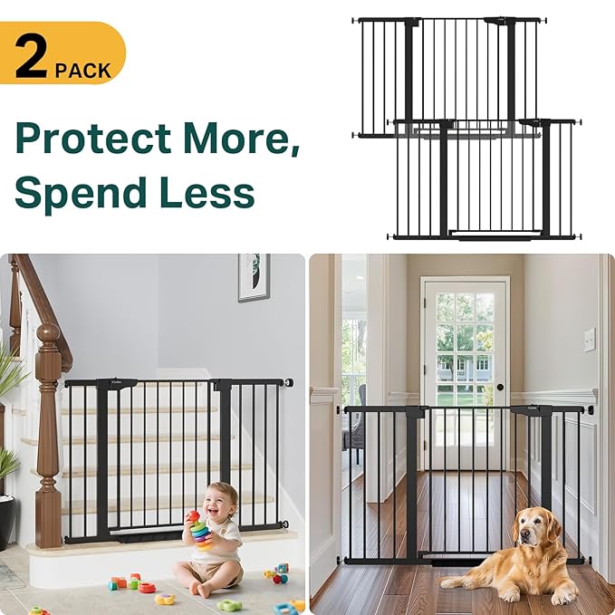 Cumbor 2 Pack 29.7"-48" Baby Gate for Stairs, Mom's Choice Awards Winner-Dog Gate for Doorways, Pressure Mounted Auto-Close Pet Gates for Dogs Indoor, Safety Child Gate with Easy Walk Thru Door,Black-CubbioJoy