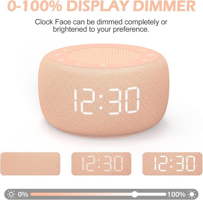 Buffbee Sound Machine & Alarm Clock 2-in-1, 0-100% Clock Face Brightness, Bottom Colored Light, Sleep Timer, Precise 30-Level Volume White Noise Machine, Digital Alarm Clocks for Bedrooms - Peach-CubbioJoy