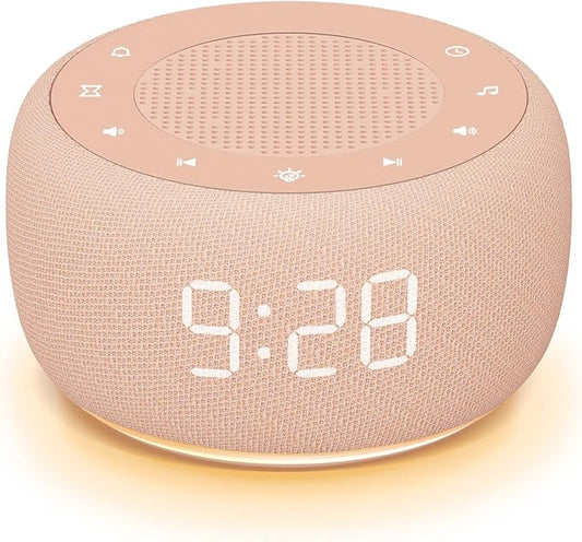 Buffbee Sound Machine & Alarm Clock 2-in-1, 0-100% Clock Face Brightness, Bottom Colored Light, Sleep Timer, Precise 30-Level Volume White Noise Machine, Digital Alarm Clocks for Bedrooms - Peach-CubbioJoy
