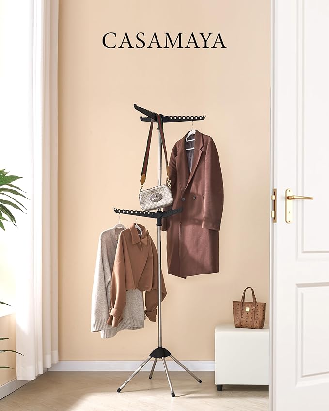 Clothes Drying Rack Foldable, 74.8 inch 2 Tier Laundry Drying Rack with Rotating Clothes Rail for 54 Pieces of Clothes, Space Saving, Indoor, Stainless Steel, Black and Silver CDR002B01-CubbioJoy