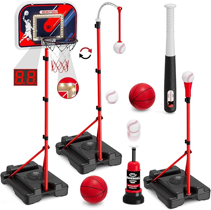 4 in 1 Kids Basketball Hoop and Tball Set for Toddlers 3-5, Basketball Goal with Scoreboard & LED, Hanging Tee Ball Stand with Baseball Pitching Machine, Indoor Outdoor Sport Toys for Boys 4-8-CubbioJoy