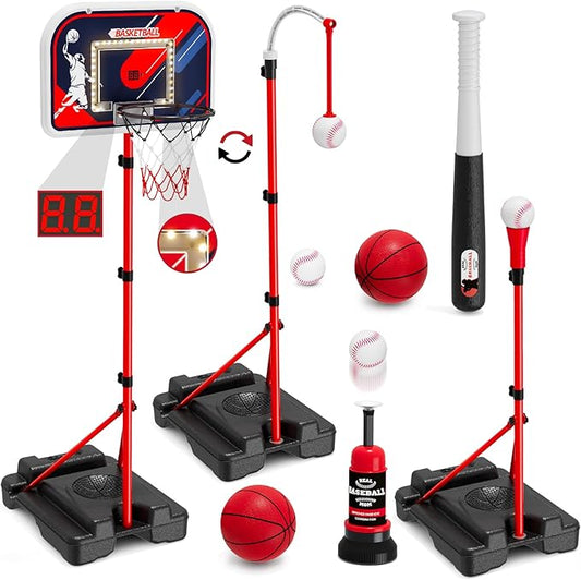 4 in 1 Kids Basketball Hoop and Tball Set for Toddlers 3-5, Basketball Goal with Scoreboard & LED, Hanging Tee Ball Stand with Baseball Pitching Machine, Indoor Outdoor Sport Toys for Boys 4-8-CubbioJoy