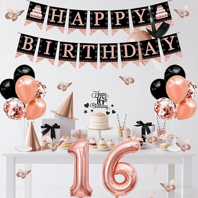 16th Birthday Decorations for Girls - 56pcs Rose Gold Happy 16th Banner, 16th Birthday Crown Sash, Cake Topper, Number 16 balloons, 3D Butterflies, 4 Balloon Stands kits-CubbioJoy