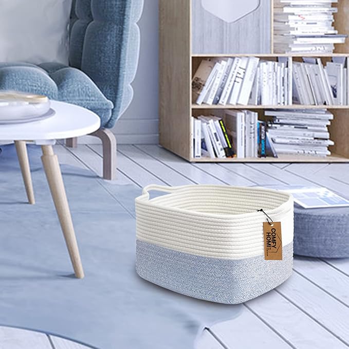 COMFY-HOMI Cotton Rope Woven Basket with Handles for shelf，Toy, Book, Cloth Storage Basket for Organizing-13.5"X11"X9.5" Storage Bin for Living Room, Newborn or Infant Gift for boy girl （White/blue）-CubbioJoy