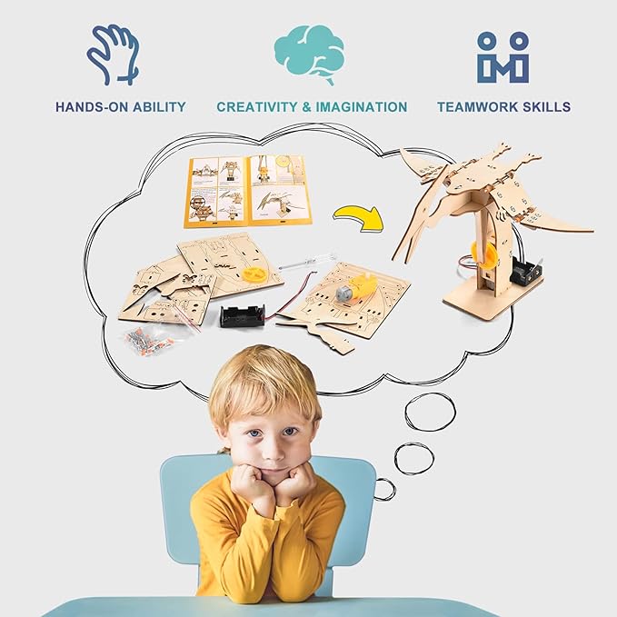 Dinosaur STEM Kits for Kids Ages 6-8-10-12, 4 in 1 Wood Building Toys for Boys Age 8-12, Build It Yourself Woodworking Kit, DIY 3D Wooden Puzzles Model Science Crafts for Kids, Stem Projects-CubbioJoy