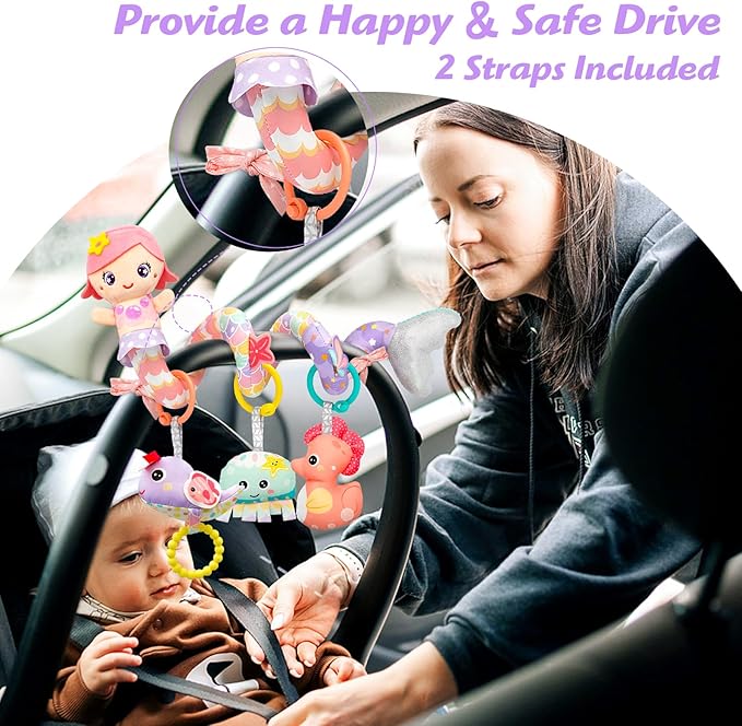 Car Seat Toys for Babies 0-6 Months Boy Girl Carseat Toys Hanging Spiral Stroller Toy, Infant Toy 0-6 Months Baby Newborn 0 3 Month Brain Development with Music Teether Rattle-CubbioJoy
