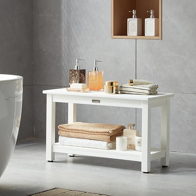 30'' Heavy Duty Shower Bench for Inside Shower, White Poly Bath Stool for Shaving Legs, Waterproof Spa Bath Chair Seat with Adjustable Feet, Non-Slip, Weight Capacity 700LBS (30 x 13 Inches)-CubbioJoy