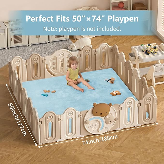 Baby Play Mat for Floor,1.3" Thick Elasti-Foam 50"×74" Playpen Mat for Tummy Time,Water Repellent Soft Coral Velvet for Toddler,Infant,Kids,Non-Slip Backing Safe for Crawling(Light Blue)-CubbioJoy