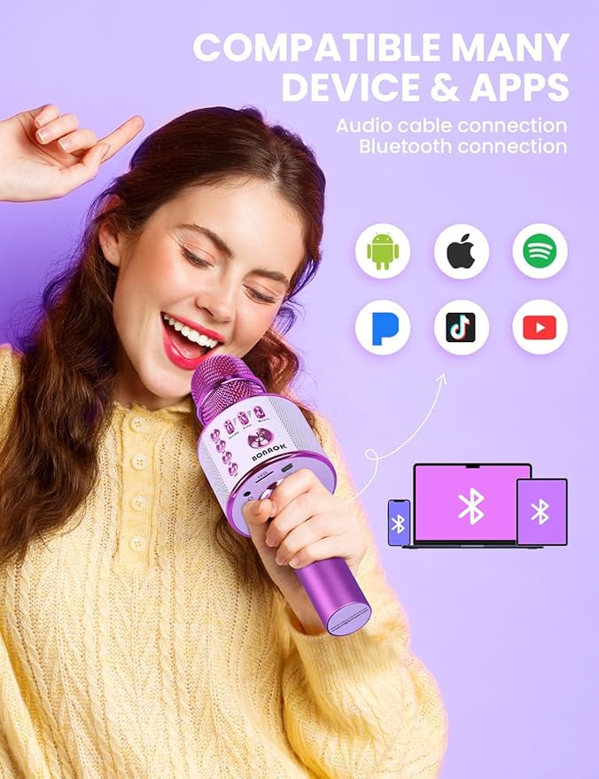 BONAOK Wireless Bluetooth Karaoke Microphone, Portable Toy Microphone for Singing, Gifts to Girls Boys Kids Adults All Age Q37（Bright Purple）-CubbioJoy