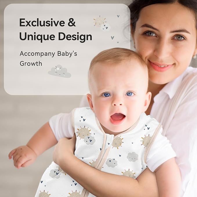 Baby Sleep Sack 6-12 Months 0.5 Tog Wearable Blanket Baby, 3 Pack 100% Cotton Lightweight Sleeping Sack with 2-Way Zipper for Newborn Infant Apricot White Sun Clouds-CubbioJoy