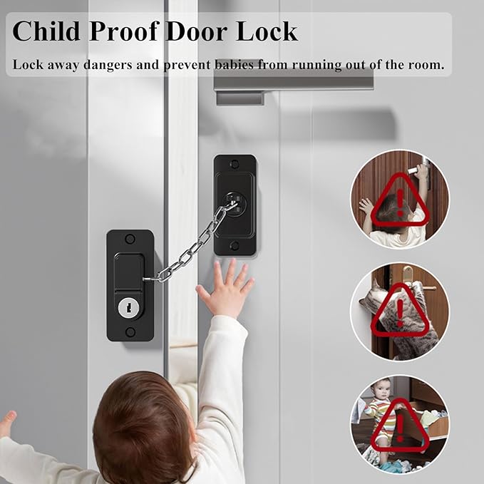 Child Proof Door Lock (2 Pack), Door Locks for Kids safety & Cat Door Latch, for Fridge Lock, Cabinet Locks, Window Locks and Baby Proofing, Strong non-marking Adhesive No Drilling (Black)-CubbioJoy