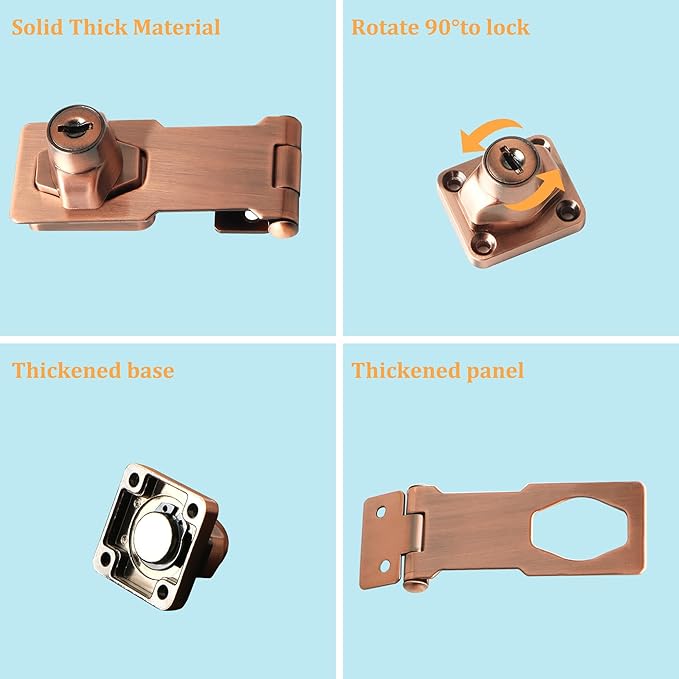 Alise Keyed Hasp Lock,3 Inch Safety Packlock Clasp Hasp Lock Latch with Lock,Door Hinge Lock with Keys Keyed Locking Hasp for Cabinets Closets Doors,Red Bronze-CubbioJoy