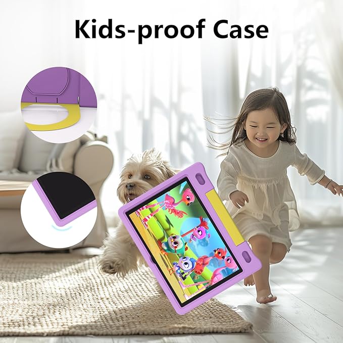 JREN Kids Table 10.1" ｜Android 14 Tablet for Kids｜64GB Storage｜Octa-Core｜WiFi ｜Cameras｜Parental Control｜Kids Content｜Case Included Great Gift for Children Ages 3-12 Years Old Purple-CubbioJoy
