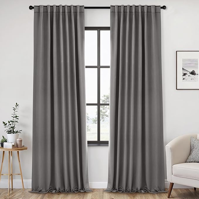 ANRODUO Back Tab Blackout Curtains for Bedroom Living Room, Rod Pocket Pinch Pleated Thermal Insulated Room Darkening Curtains 96 Inches Long 2 Panels, Grey, 52 x 96 Inch-CubbioJoy