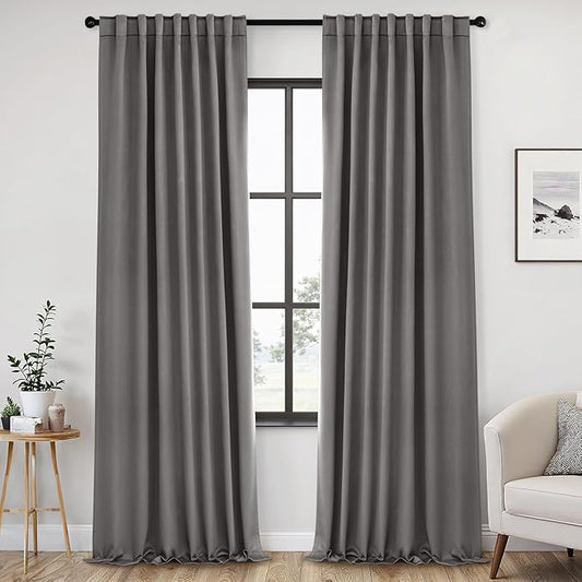 ANRODUO Back Tab Blackout Curtains for Bedroom Living Room, Rod Pocket Pinch Pleated Thermal Insulated Room Darkening Curtains 108 Inches Long 2 Panels, Grey, 52 x 108 Inch-CubbioJoy