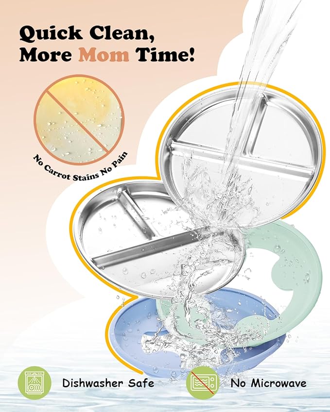 8” Stainless Steel Toddler Plate with Suction, Divided Plates with Removable Silicone Sleeves for Kids, Non Toxic & BPA Free | Non Slip | Unbreakable Baby Snack Dishes Set of 2, Blue & Sage-CubbioJoy