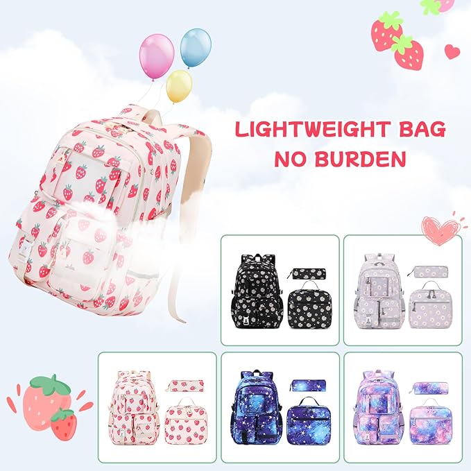 Backpack for Girls 3pcs Set Kids Backpack with Lunch Box Students Kawaii Book Bag for Elementary Primary Middle School Bags - Ita Backpack - Strawberry-CubbioJoy