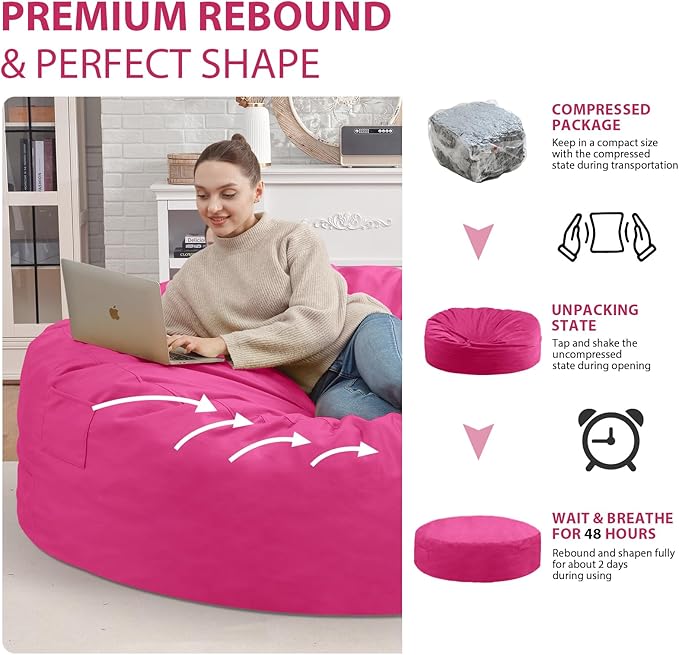 7FT Bean Bag Chair, Large Bean Bag Chairs with Memory Foam Filled, Fluffy Beanbag Sofa with Dutch Velvet Cover, Round BeanBag Chairs for Living Room, Playroom - Pink-CubbioJoy