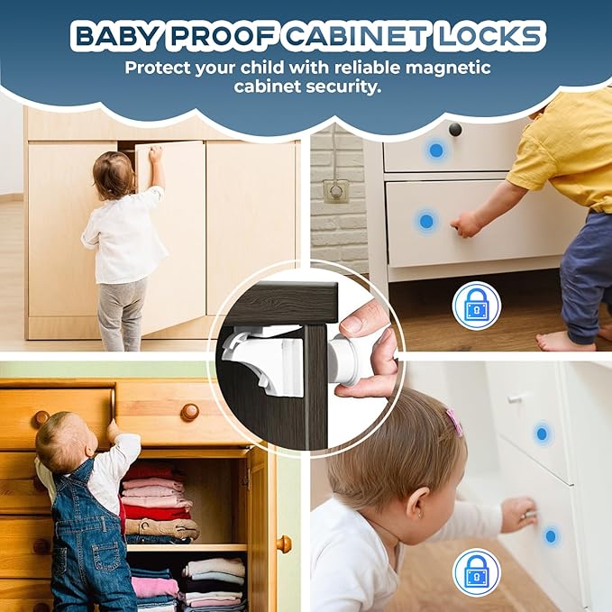 Blessimo® 12 Pack Magnetic Cabinet Locks Baby Proofing with 12 locks and 2 Keys - Child Locks For Kitchen, Cabinets and Drawers - 3M Adhesive Easy Installation-CubbioJoy